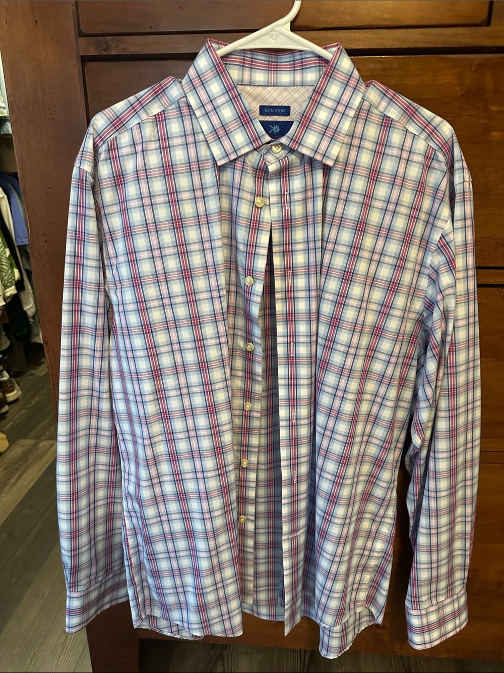 Nautica Men’s White, Blue & Pink Plaid Button-Down Shirt